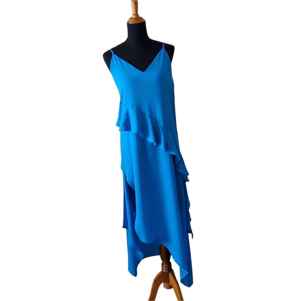 Three Eighty Two Tiied Ruffle Chiffon Asymmetrical Maxi Slip Dress Blue